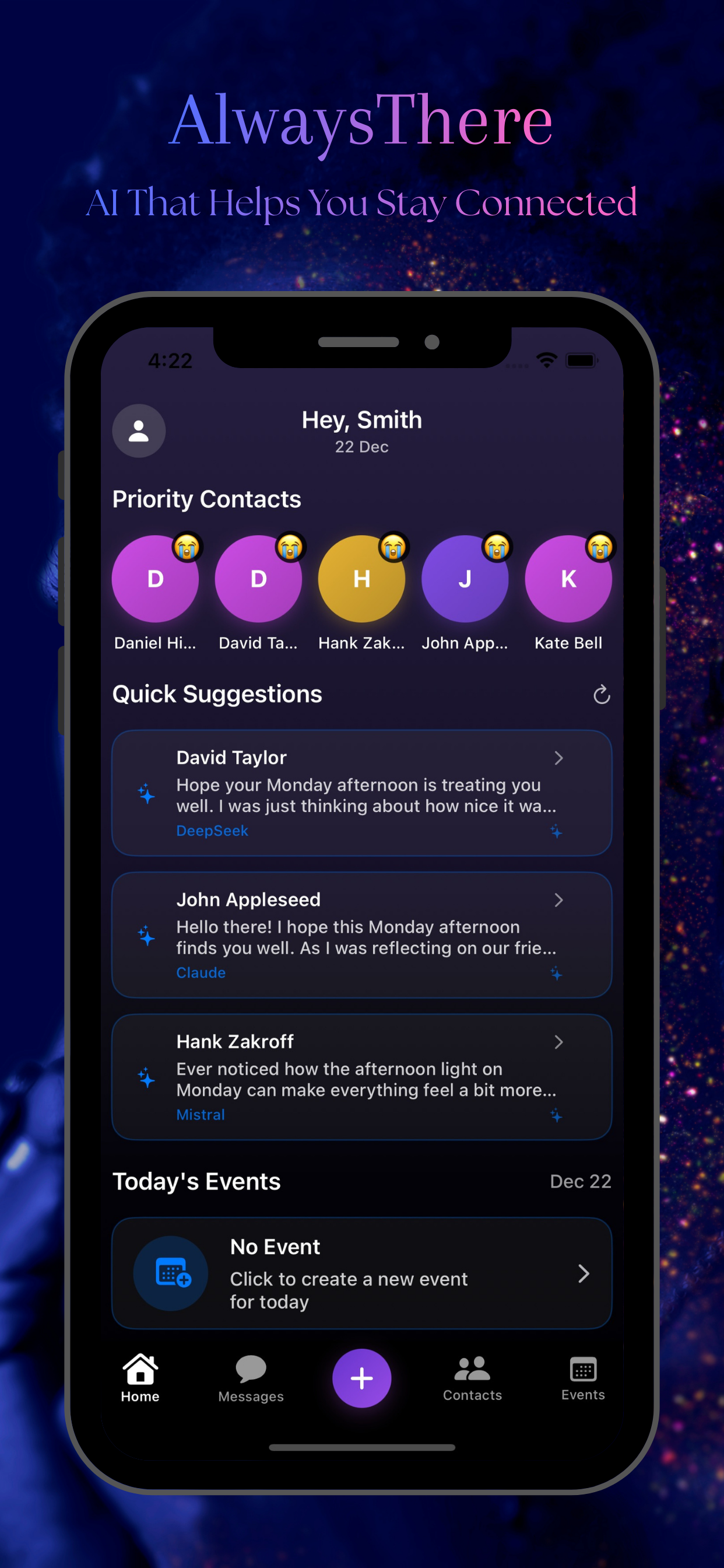 AlwaysThere dashboard with priority contacts and AI suggestions